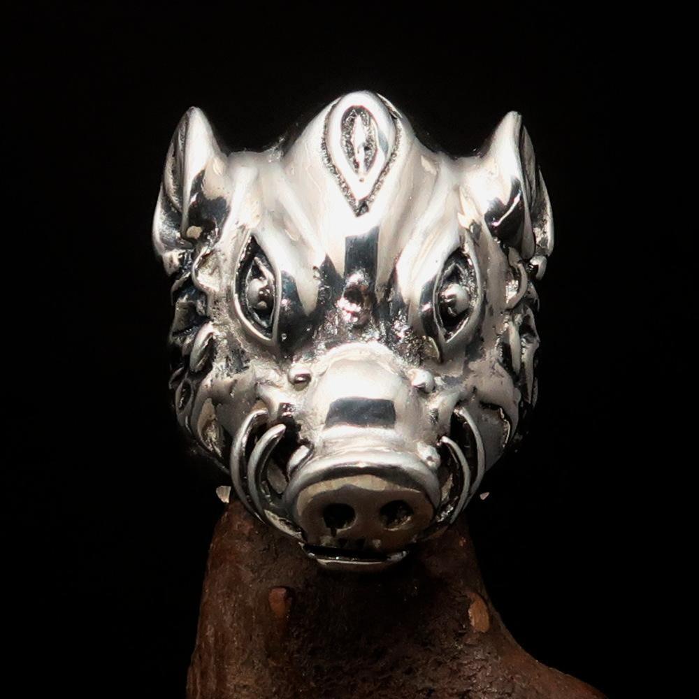 Excellent crafted Animal Ring Boar Wild Pig - antiqued Sterling Silver