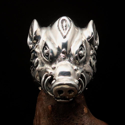 Excellent crafted Animal Ring Boar Wild Pig - antiqued Sterling Silver