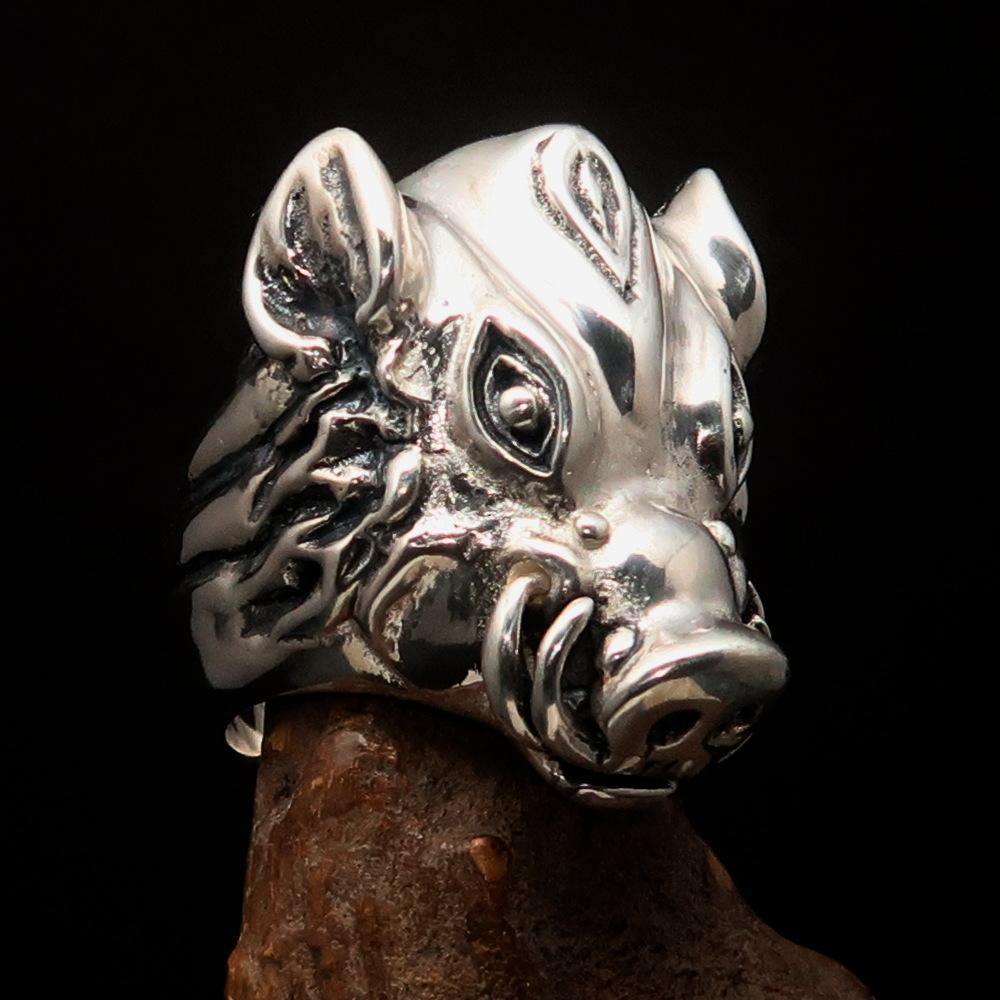 Excellent crafted Animal Ring Boar Wild Pig - antiqued Sterling Silver