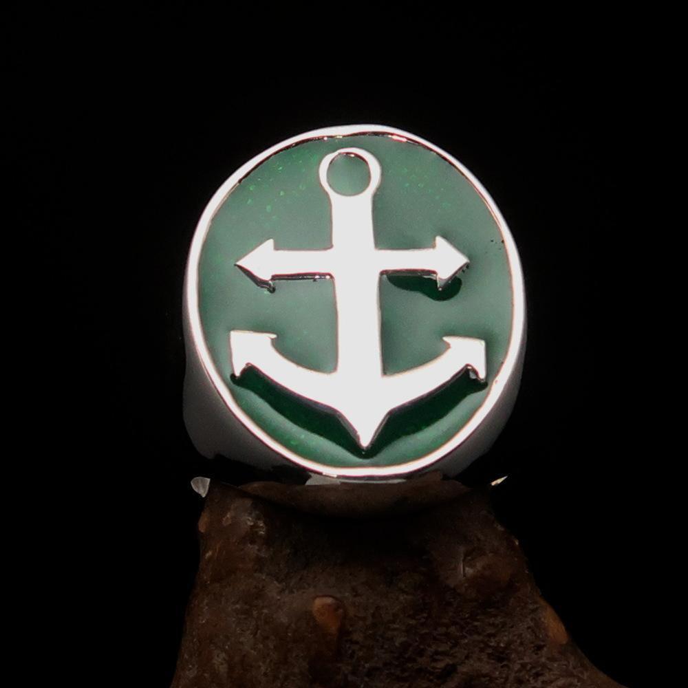 Perfectly crafted Men's Sailor Ring Big Anchor green - Sterling Silver