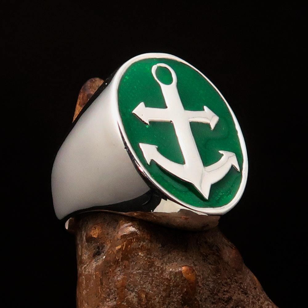 Perfectly crafted Men's Sailor Ring Big Anchor green - Sterling Silver
