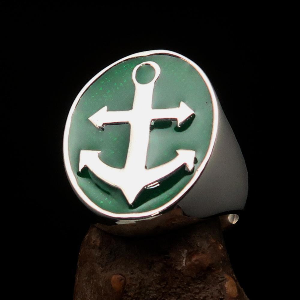 Perfectly crafted Men's Sailor Ring Big Anchor green - Sterling Silver