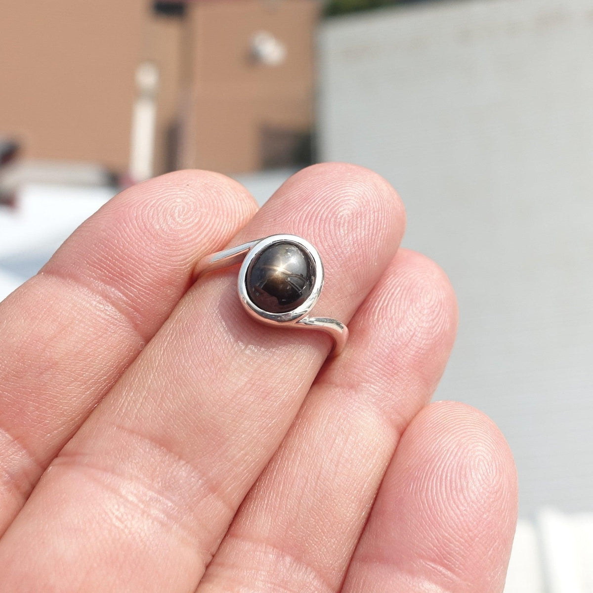 Black Sapphire Ring, Minimalist Sterling Silver Ring, Sapphire Silver Ring, Black Star Sapphire Ring, Gift for Her, Black Star Sapphire cab - size 5.5
