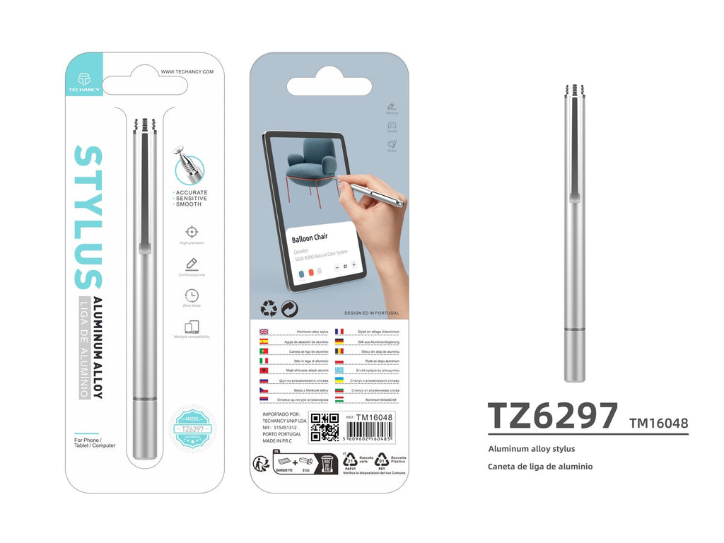 Techancy Caneta Stylus De Alumínio Prateada TZ6297, Aspeto Elegante Sensibilidade Precisa Para Telemóveis E Tablets