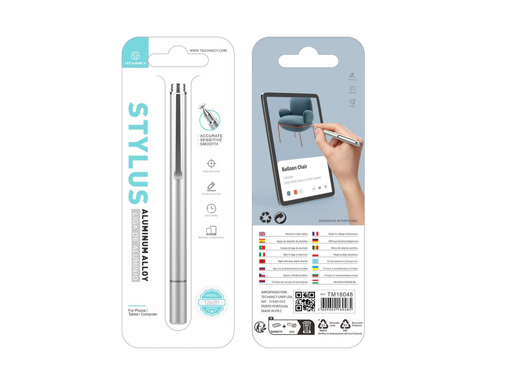 Techancy Caneta Stylus De Alumínio Prateada TZ6297, Aspeto Elegante Sensibilidade Precisa Para Telemóveis E Tablets