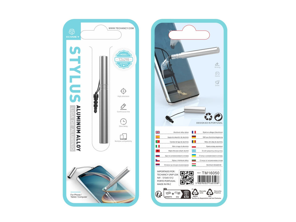 Techancy Mini Stylus Prateado TZ6297, Sensibilidade Precisa Para Telemóveis E Tablets, Com Tomada Para Auscultadores Para Fácil Armazenamento.